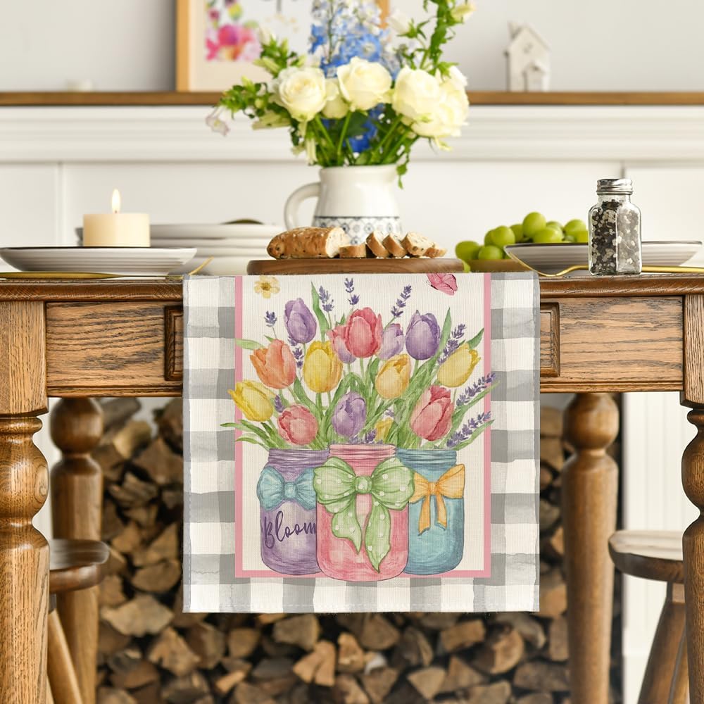 Buffalo Plaid Vase Lavender Tulip Spring Table Runner