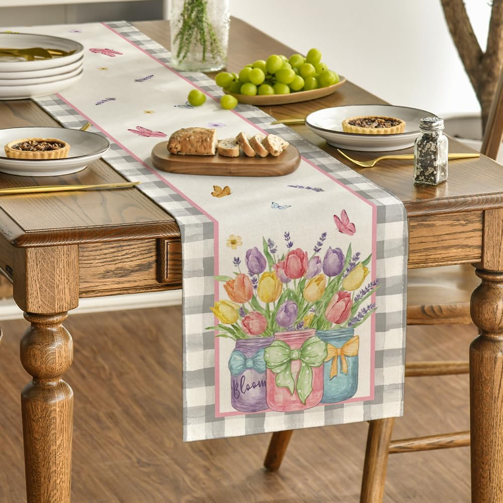 Buffalo Plaid Vase Lavender Tulip Spring Table Runner