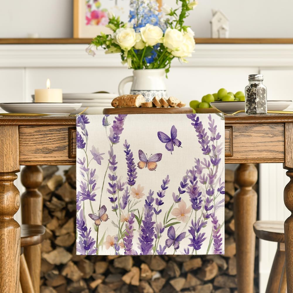 Purple Lavender Floral Butterflies Spring Table Runner