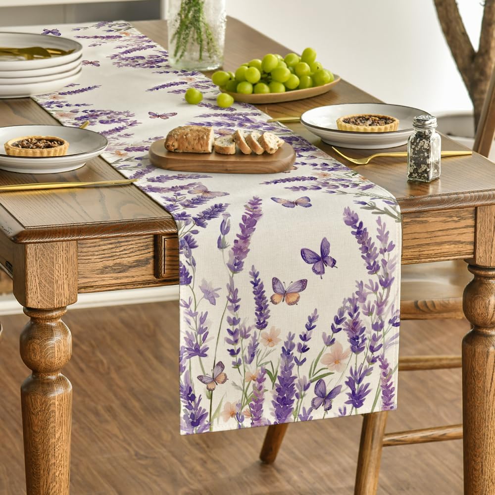 Purple Lavender Floral Butterflies Spring Table Runner