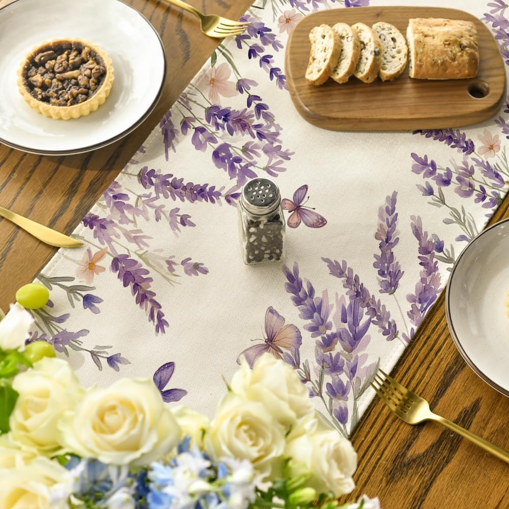 Purple Lavender Floral Butterflies Spring Table Runner