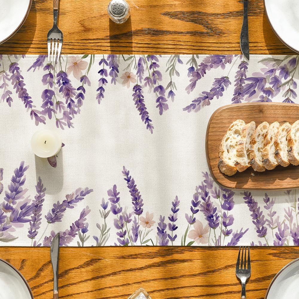 Purple Lavender Floral Butterflies Spring Table Runner