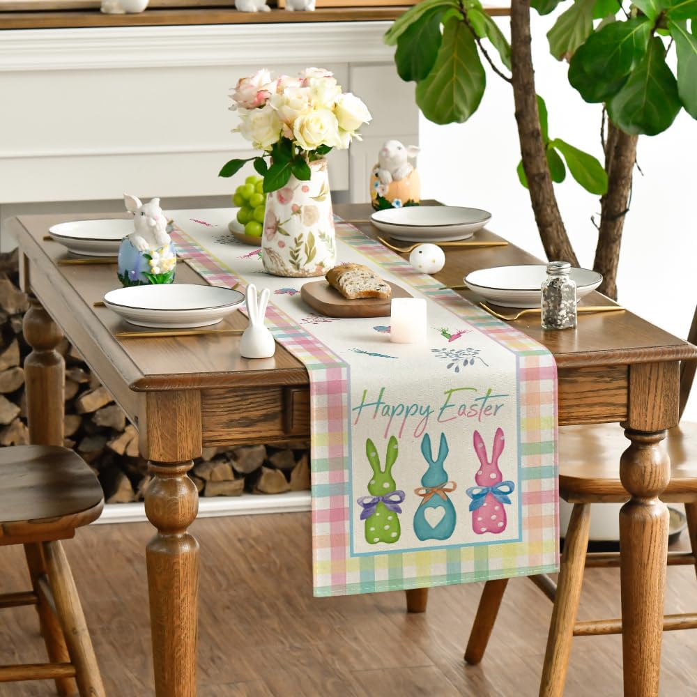 Green Blue Pink Buffalo Plaid Bunny Happy Easter Table Runner