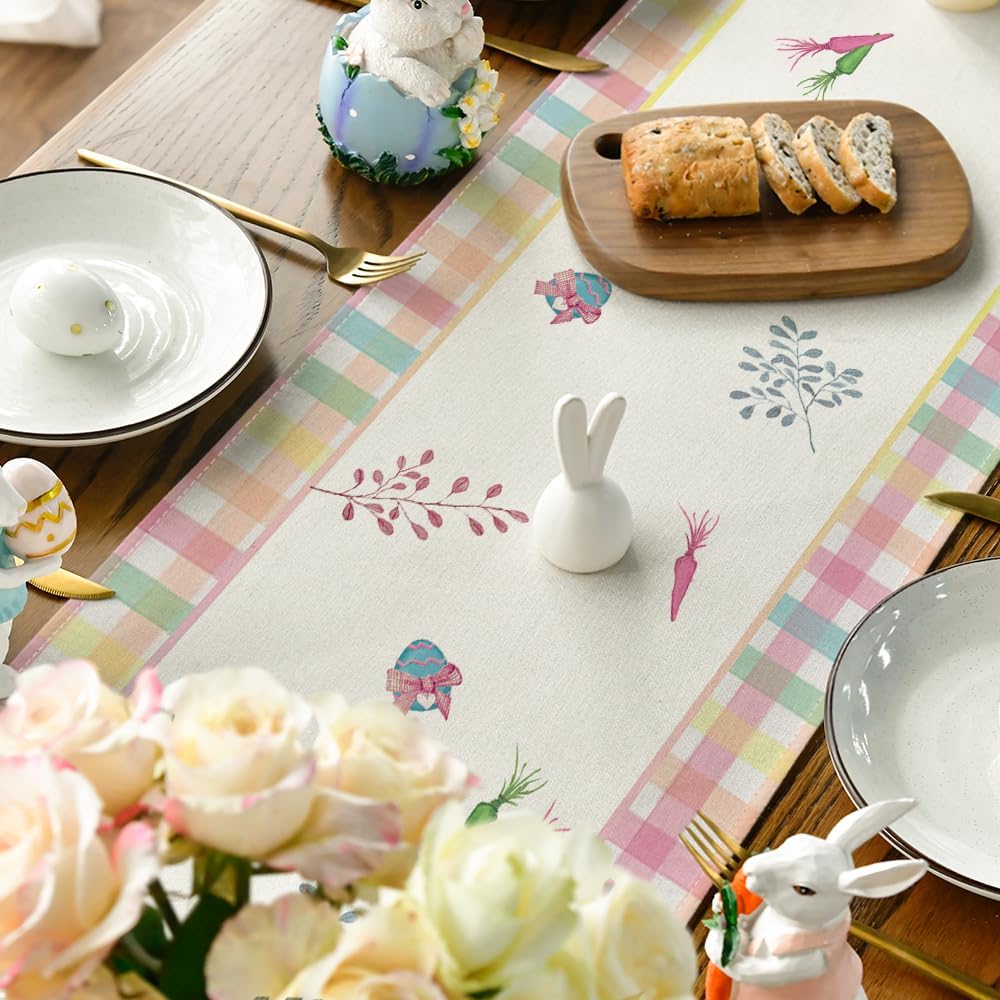 Green Blue Pink Buffalo Plaid Bunny Happy Easter Table Runner
