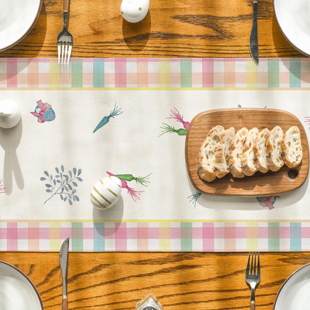 Green Blue Pink Buffalo Plaid Bunny Happy Easter Table Runner