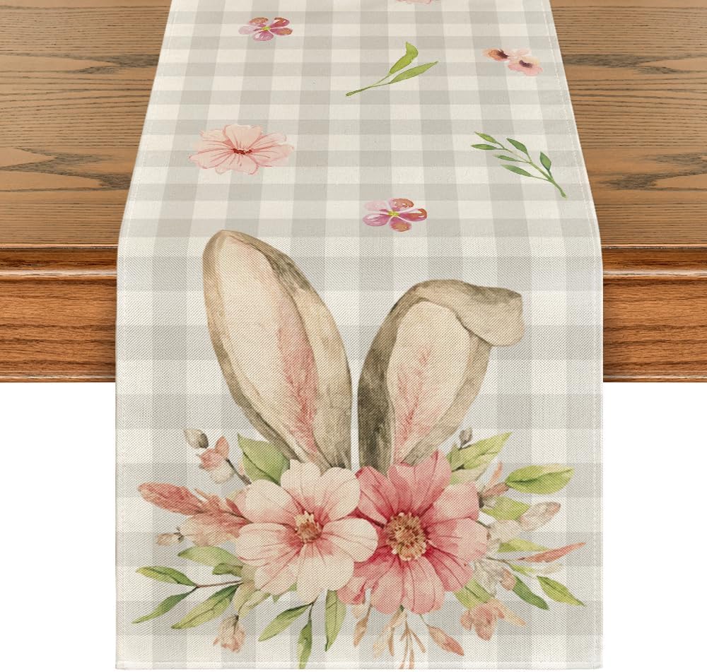 Buffalo Plaid Bunny Rabbit Ears Flower Easter Table Runner Buffalo Plaid Bunny Rabbit Ears Flower Easter Table Runner