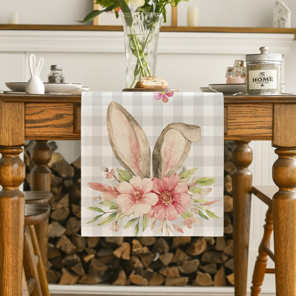 Buffalo Plaid Bunny Rabbit Ears Flower Easter Table Runner