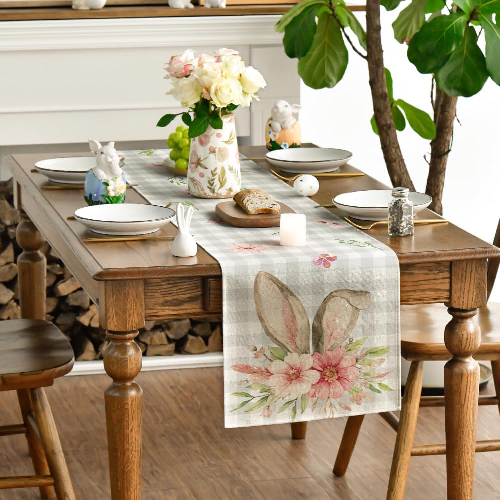 Buffalo Plaid Bunny Rabbit Ears Flower Easter Table Runner