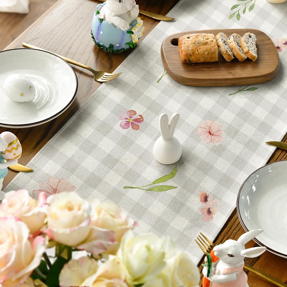Buffalo Plaid Bunny Rabbit Ears Flower Easter Table Runner