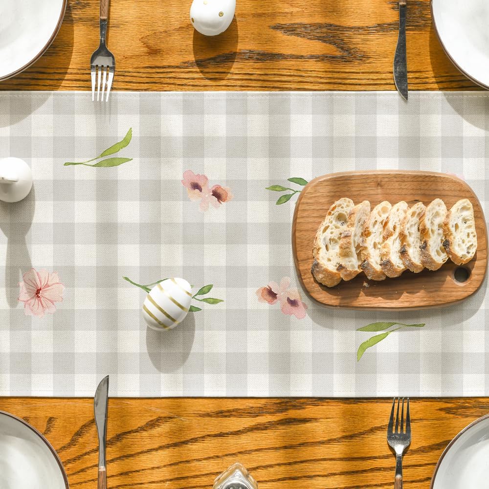 Buffalo Plaid Bunny Rabbit Ears Flower Easter Table Runner