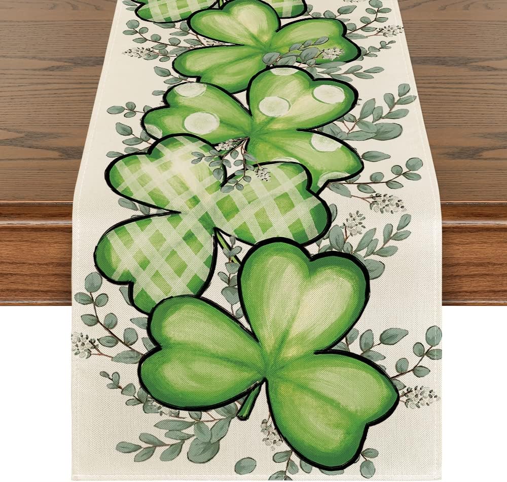 Clover Shamrocks Eucalyptus Buffalo Plaid St.Patrick%27s Day Table Runner Clover Shamrocks Eucalyptus Buffalo Plaid St.Patrick%27s Day Table Runner