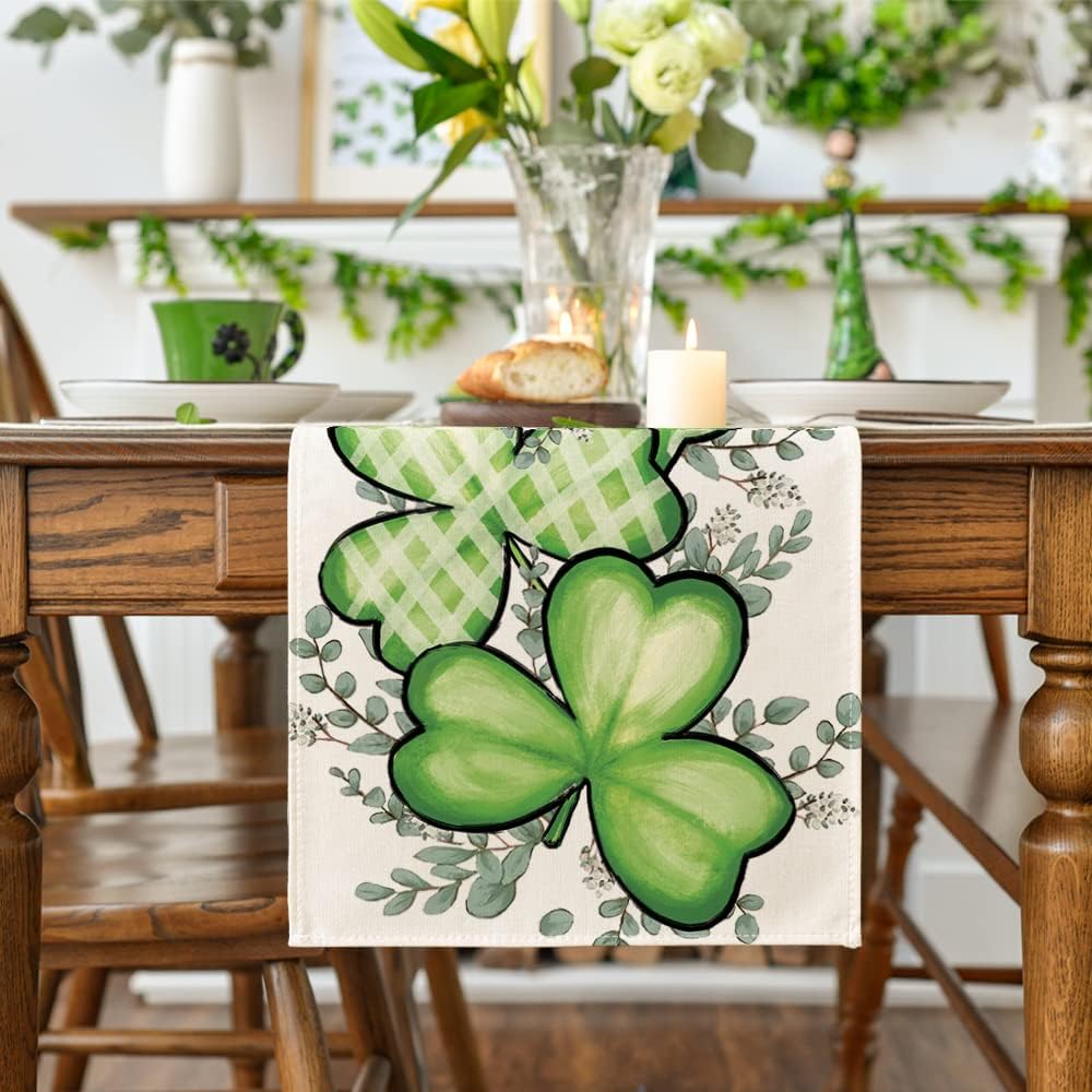 Clover Shamrocks Eucalyptus Buffalo Plaid St.Patrick%27s Day Table Runner