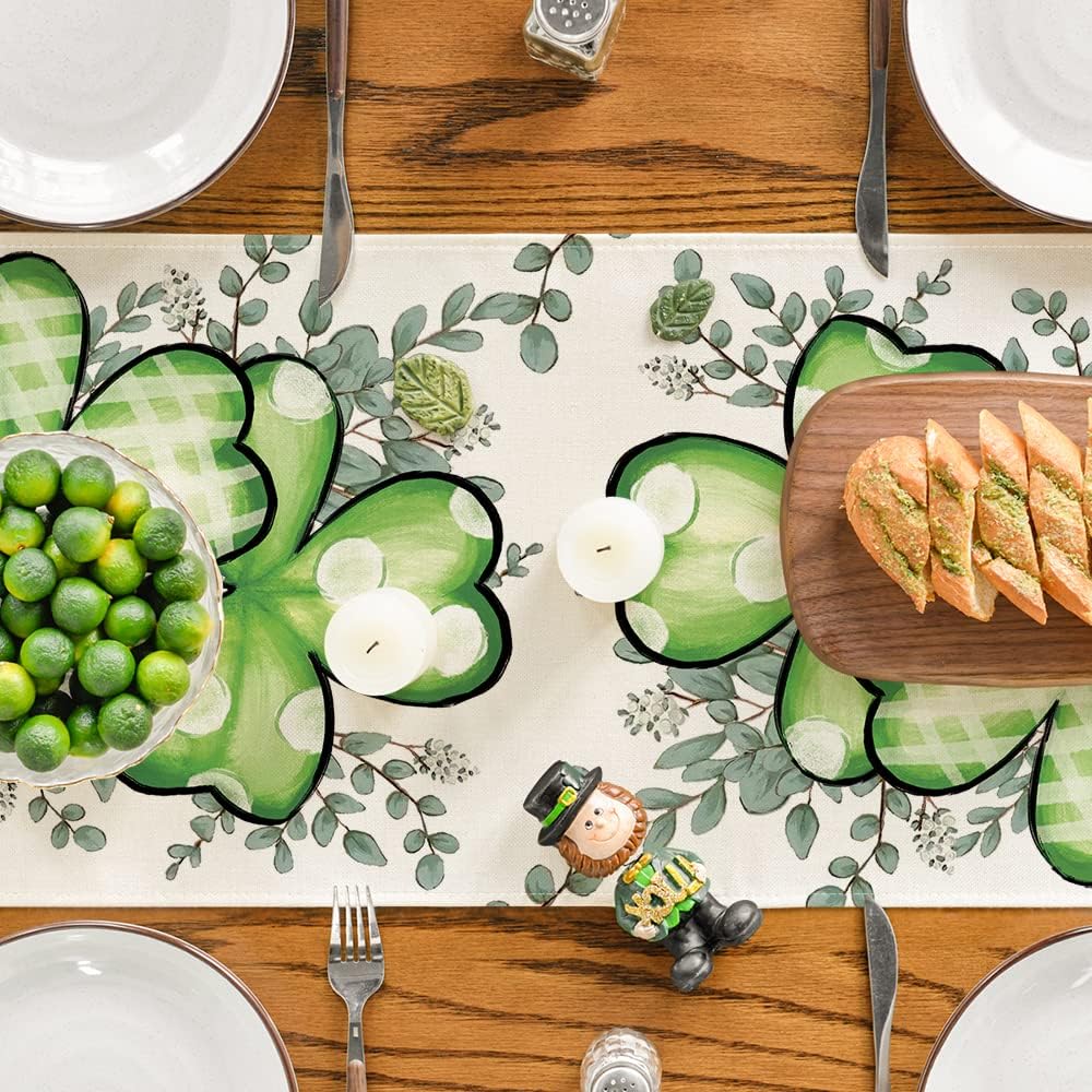 Clover Shamrocks Eucalyptus Buffalo Plaid St.Patrick%27s Day Table Runner