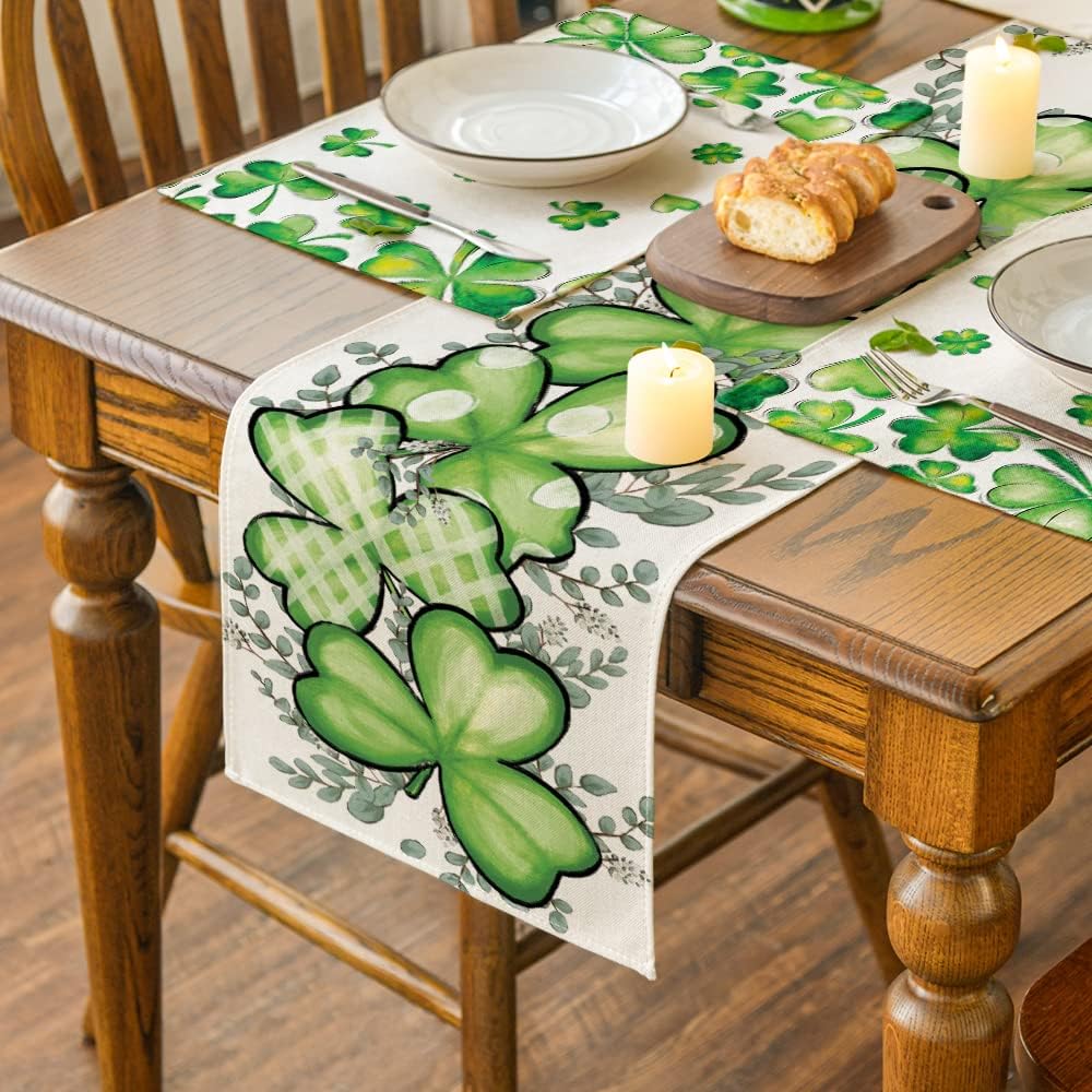 Clover Shamrocks Eucalyptus Buffalo Plaid St.Patrick%27s Day Table Runner