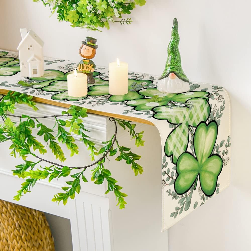 Clover Shamrocks Eucalyptus Buffalo Plaid St.Patrick%27s Day Table Runner