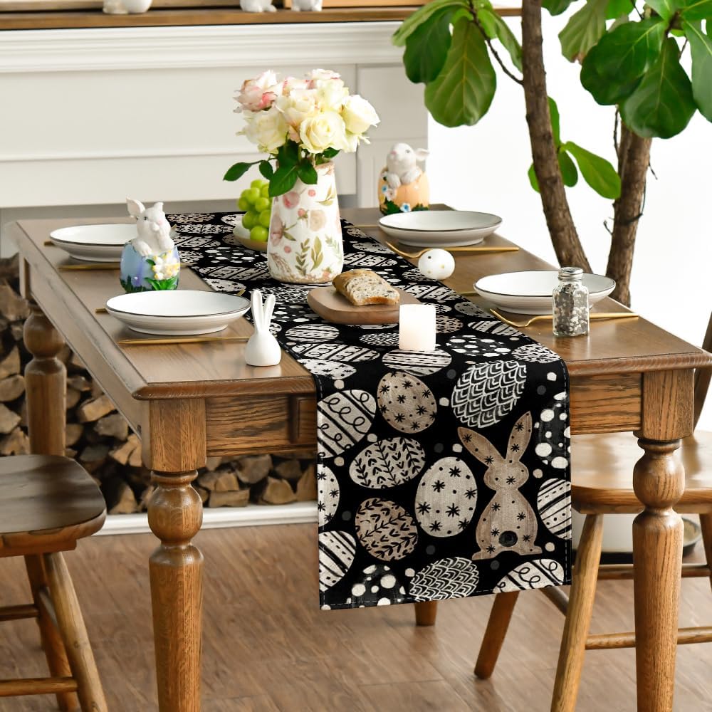 Bunny Rabbit Eggs Flowers Easter Table Runner