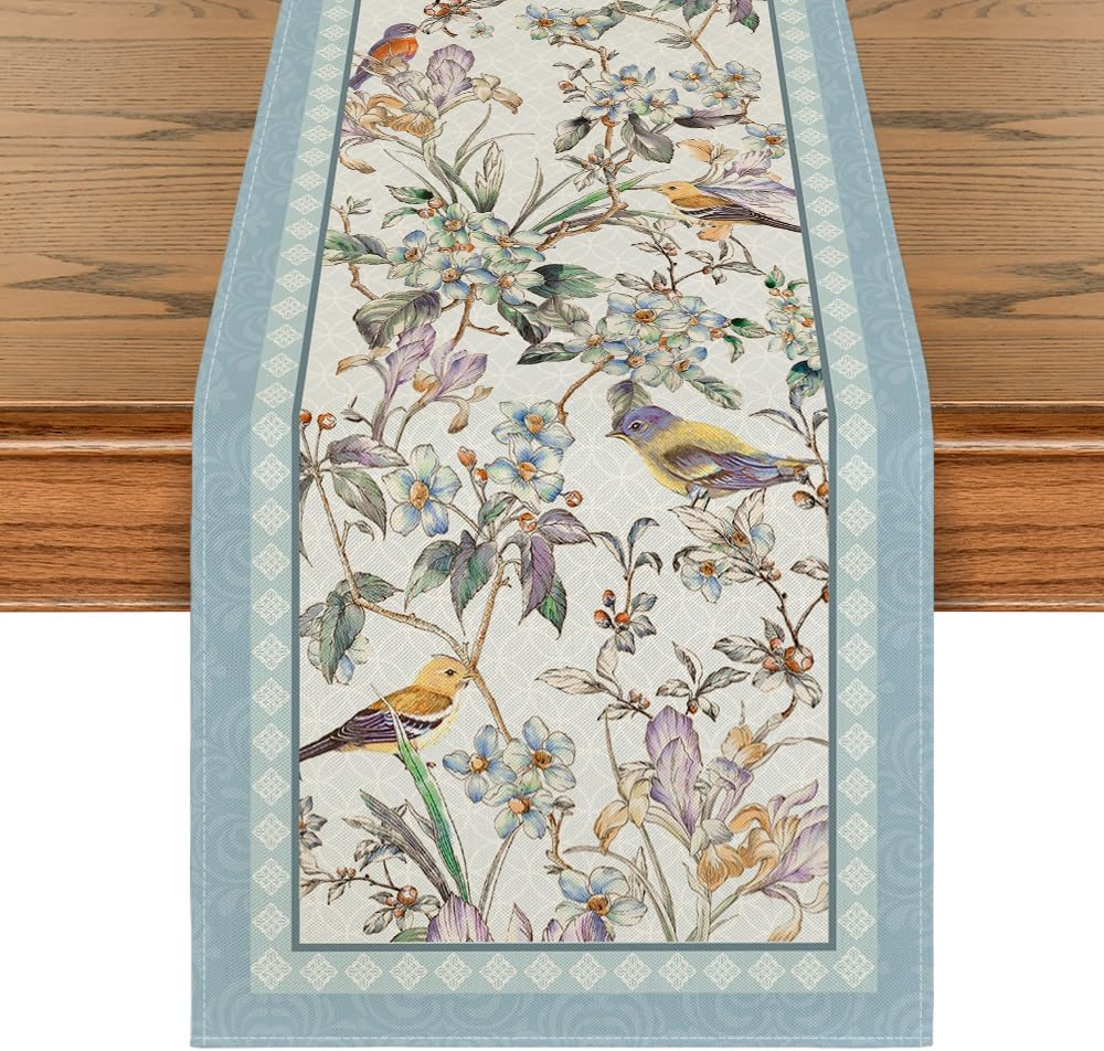 Blue Birds Flowers Blossom Table Runner Blue Birds Flowers Blossom Table Runner