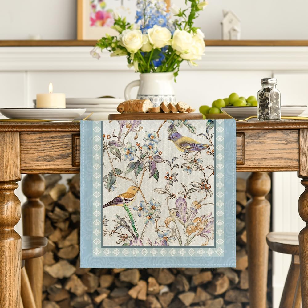 Blue Birds Flowers Blossom Table Runner