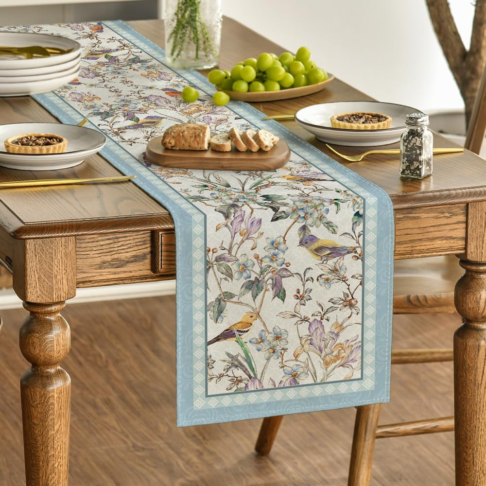 Blue Birds Flowers Blossom Table Runner