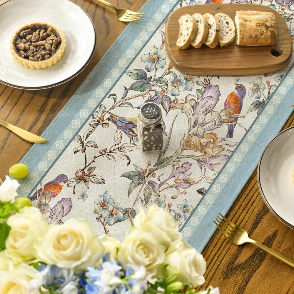 Blue Birds Flowers Blossom Table Runner