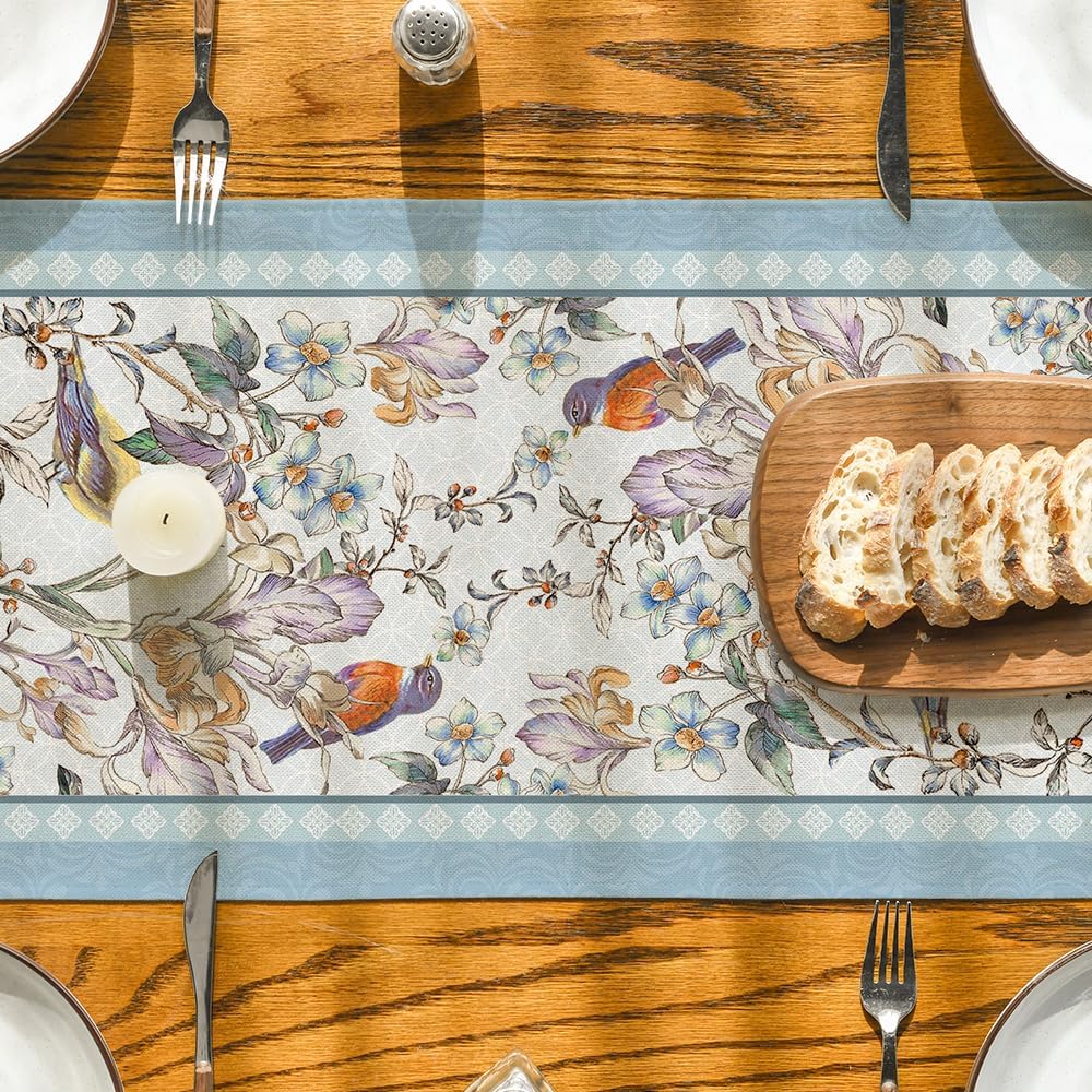 Blue Birds Flowers Blossom Table Runner