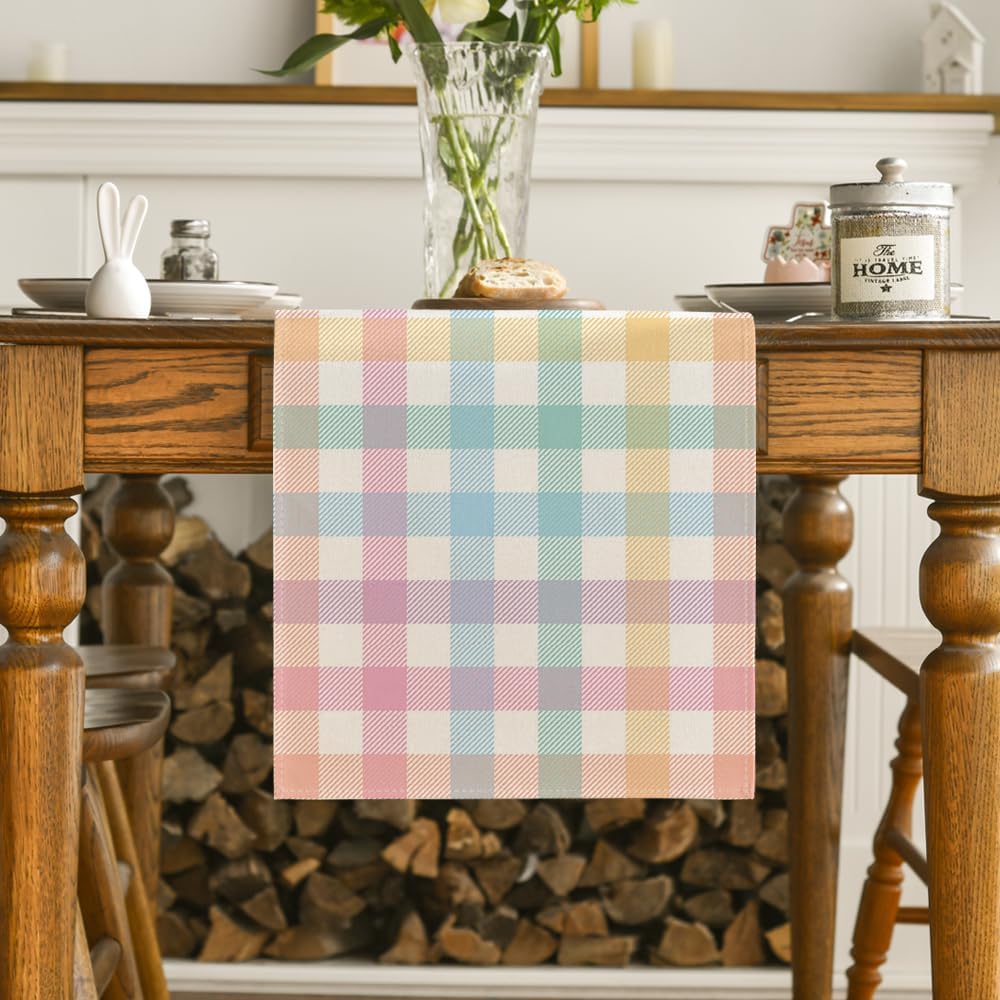 Blue Pink Yellow Buffalo Plaid Easter Table Runner