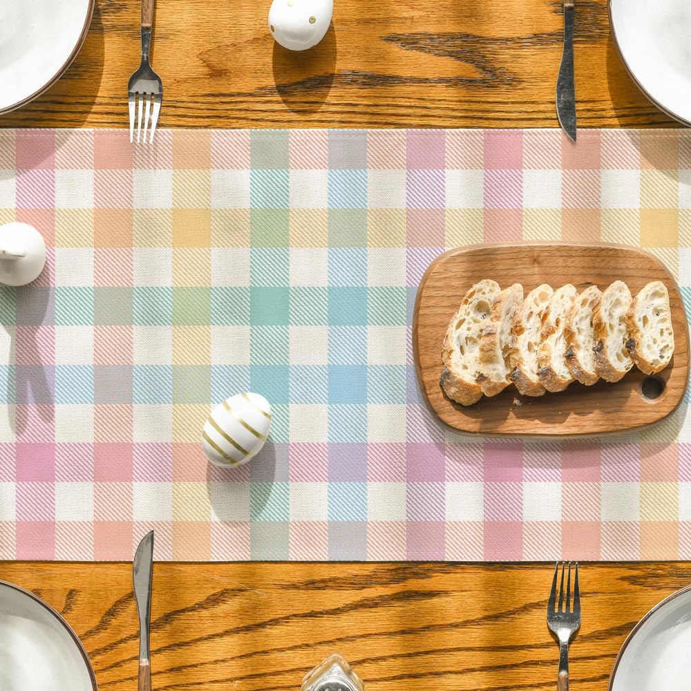Blue Pink Yellow Buffalo Plaid Easter Table Runner