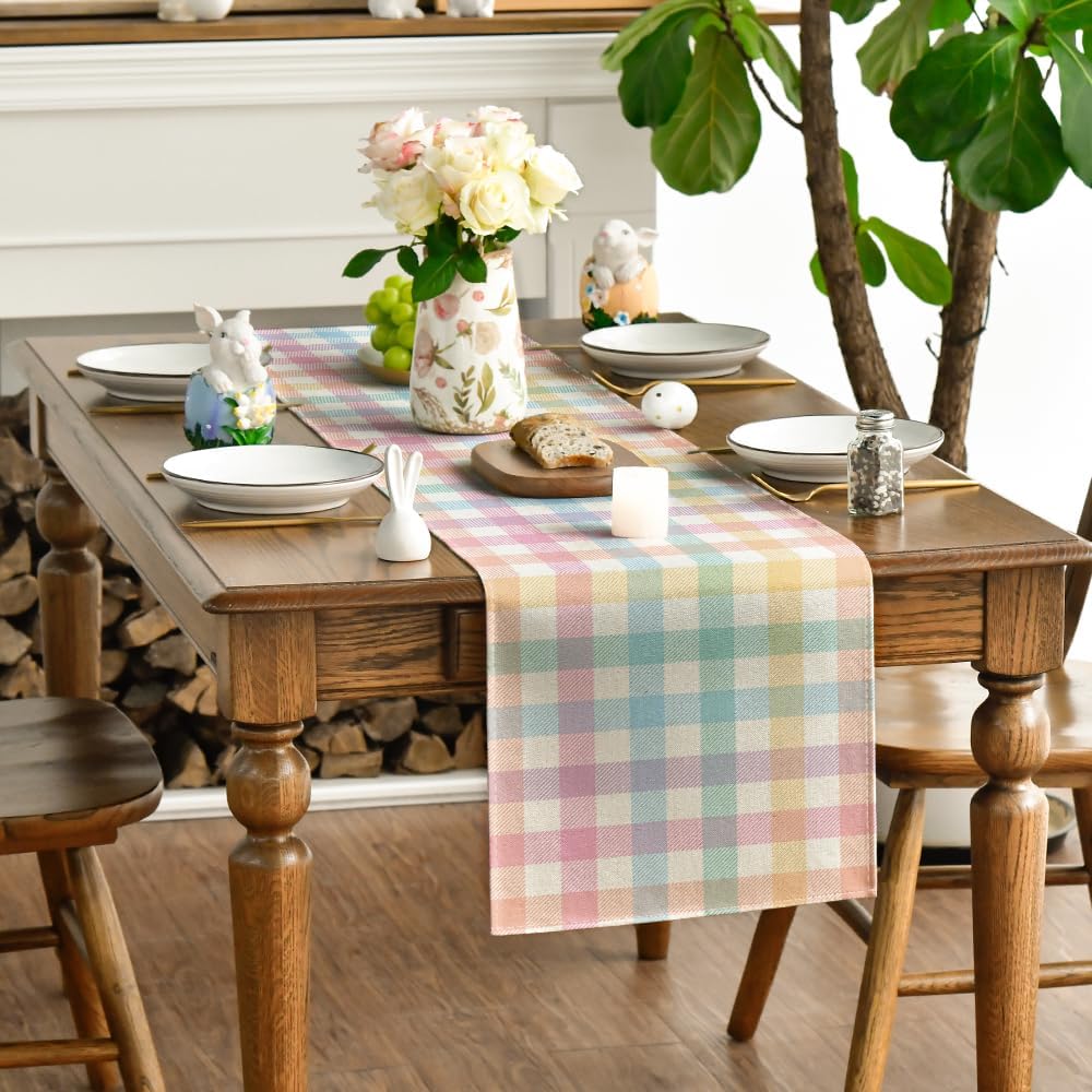 Blue Pink Yellow Buffalo Plaid Easter Table Runner