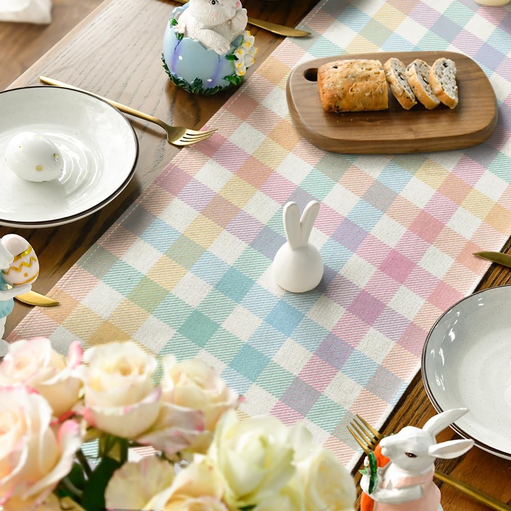 Blue Pink Yellow Buffalo Plaid Easter Table Runner