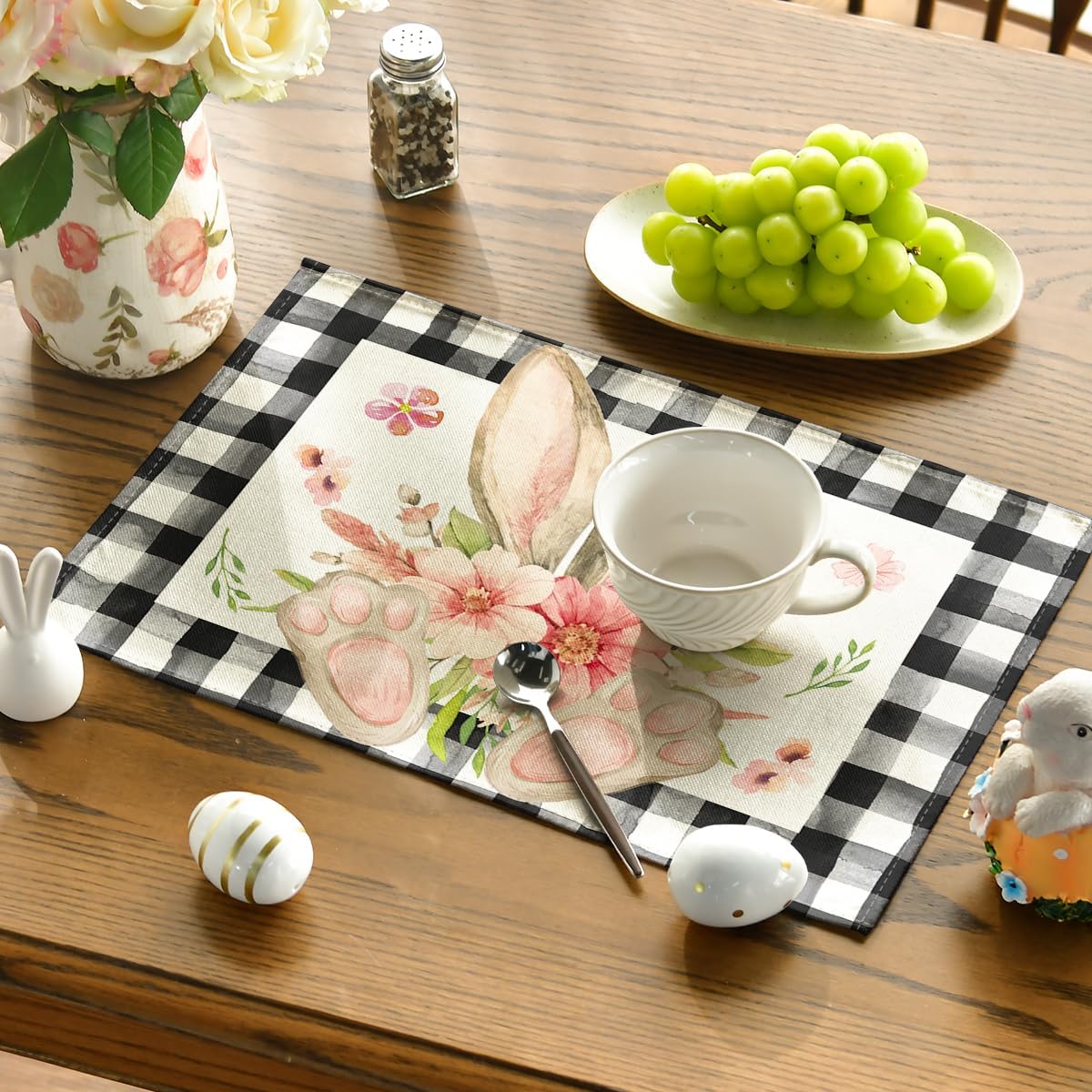 Buffalo Plaid Bunny Ear Foot Flower Easter Placemats Set of 4