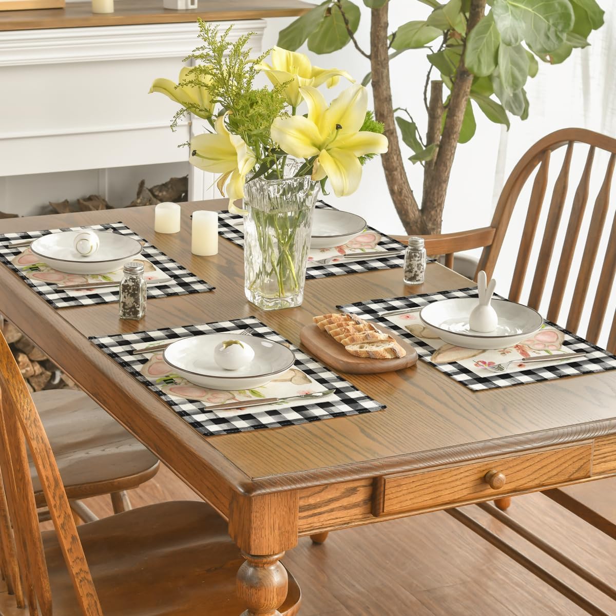 Buffalo Plaid Bunny Ear Foot Flower Easter Placemats Set of 4