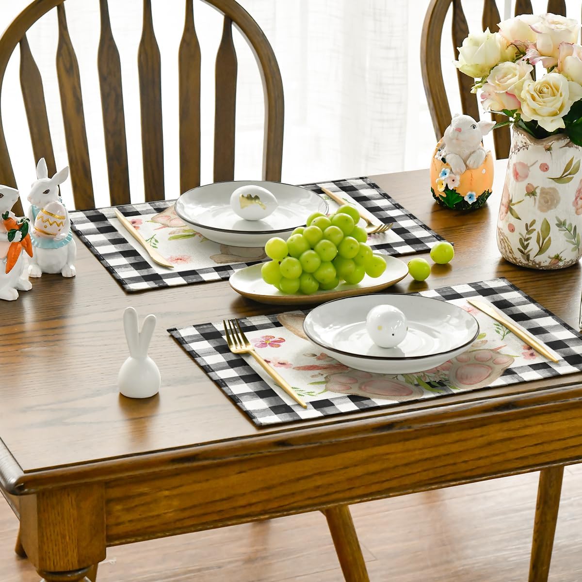 Buffalo Plaid Bunny Ear Foot Flower Easter Placemats Set of 4