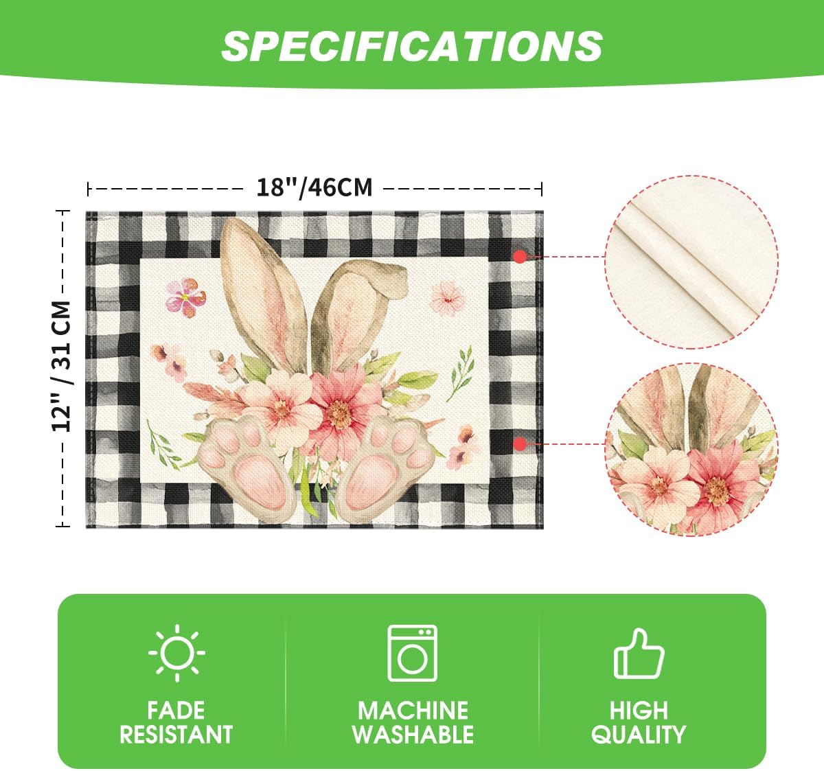 Buffalo Plaid Bunny Ear Foot Flower Easter Placemats Set of 4