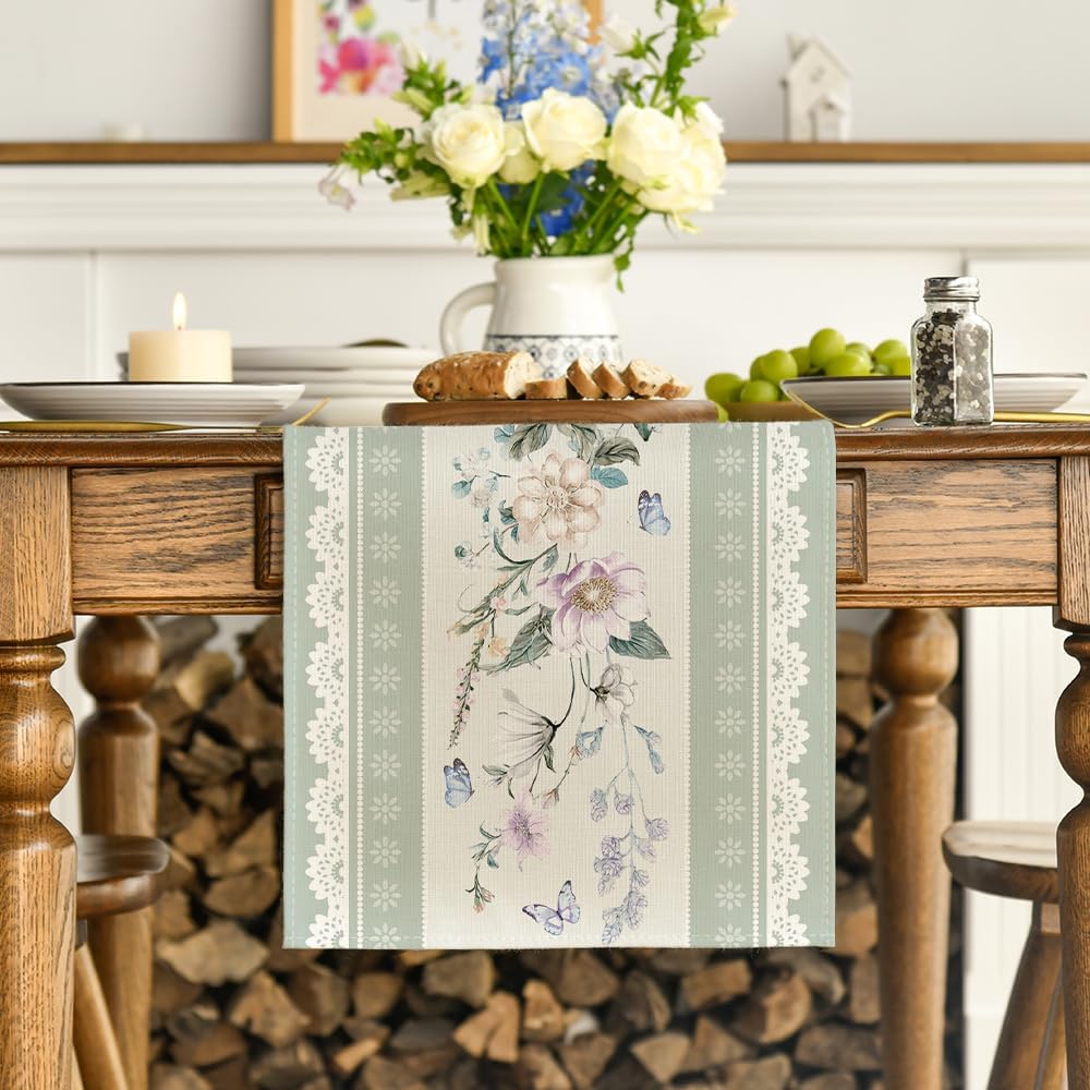 Green Printed Lace Floral 210 GSM Spring Table Runner