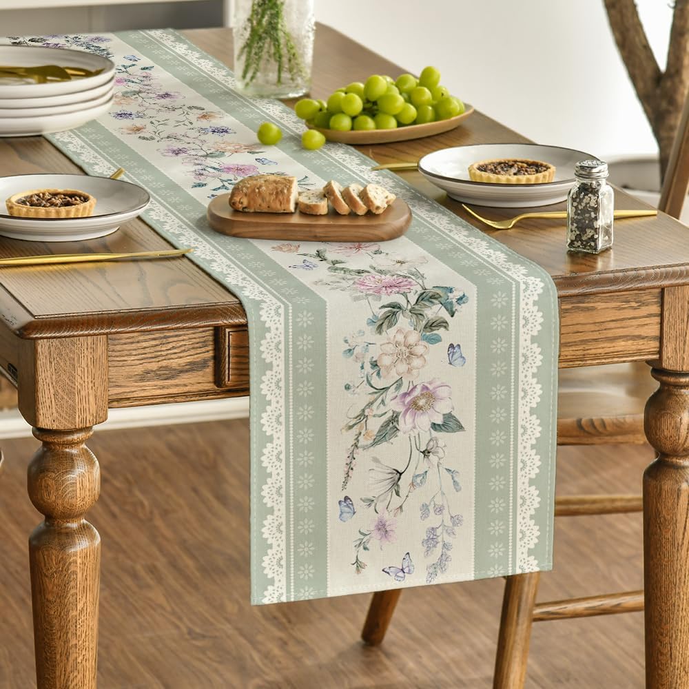 Green Printed Lace Floral 210 GSM Spring Table Runner