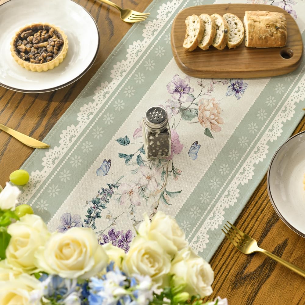 Green Printed Lace Floral 210 GSM Spring Table Runner