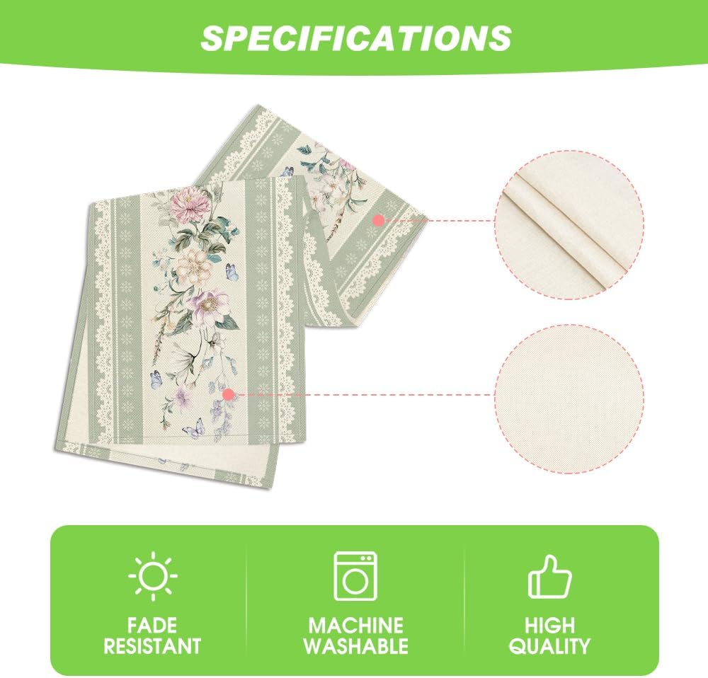 Green Printed Lace Floral 210 GSM Spring Table Runner