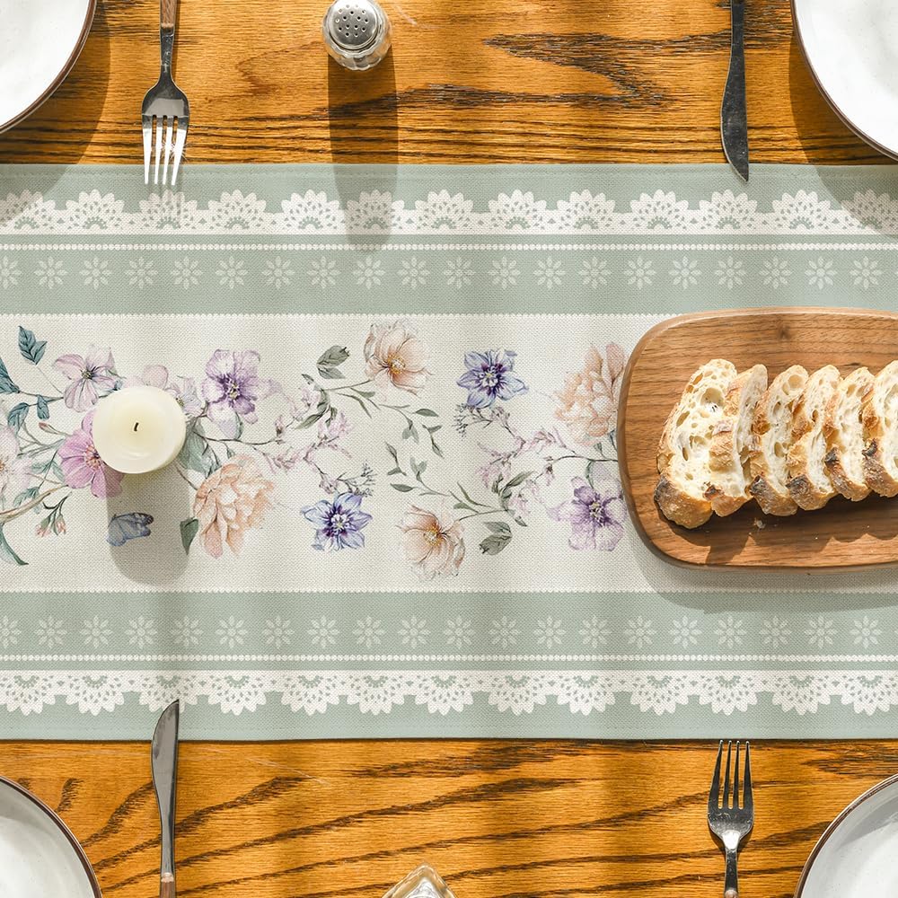 Green Printed Lace Floral 210 GSM Spring Table Runner