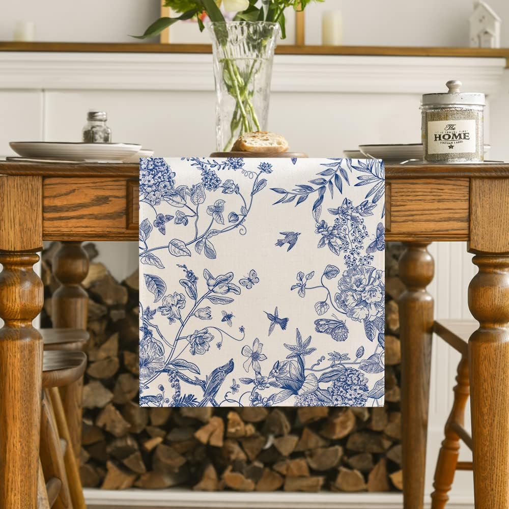 Monochrome Sketch Birds and Flowers Spring Table Runner