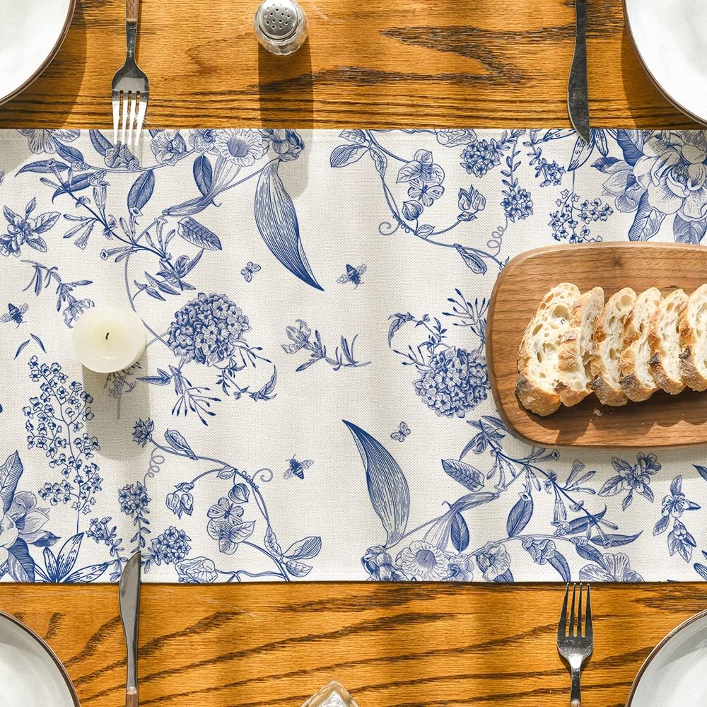 Monochrome Sketch Birds and Flowers Spring Table Runner