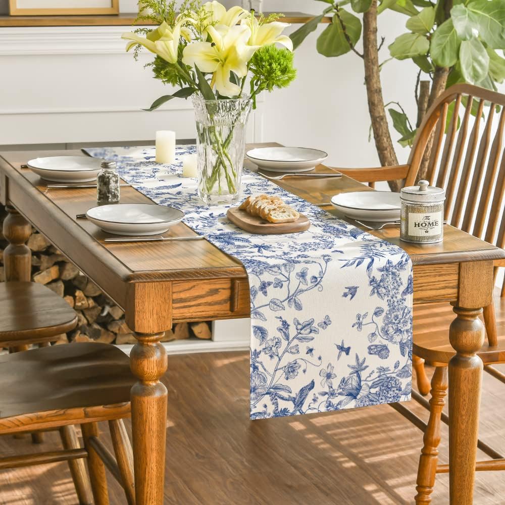 Monochrome Sketch Birds and Flowers Spring Table Runner