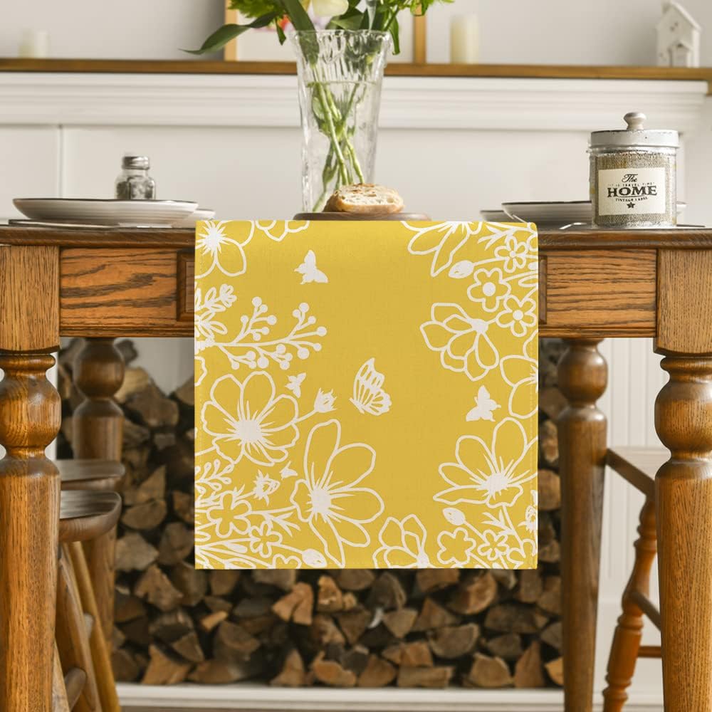 Yellow Bloom Flowers Butterfly Spring Table Runner