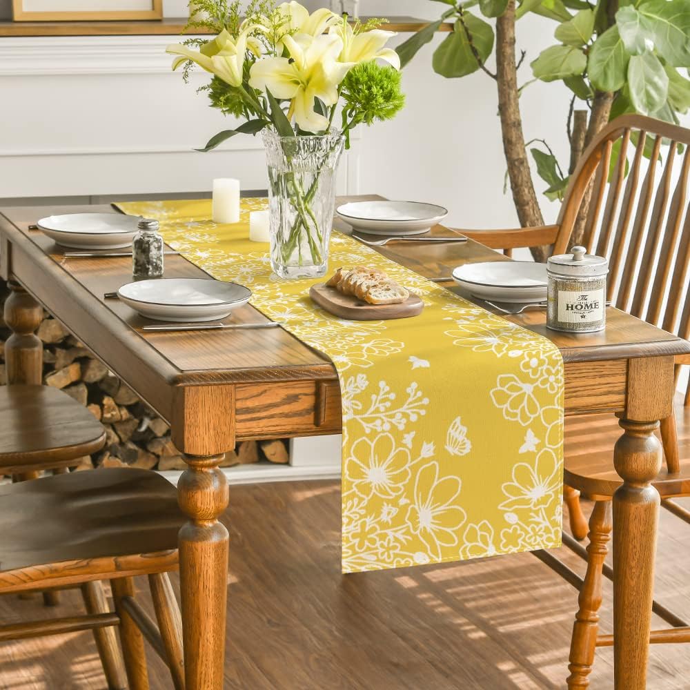 Yellow Bloom Flowers Butterfly Spring Table Runner
