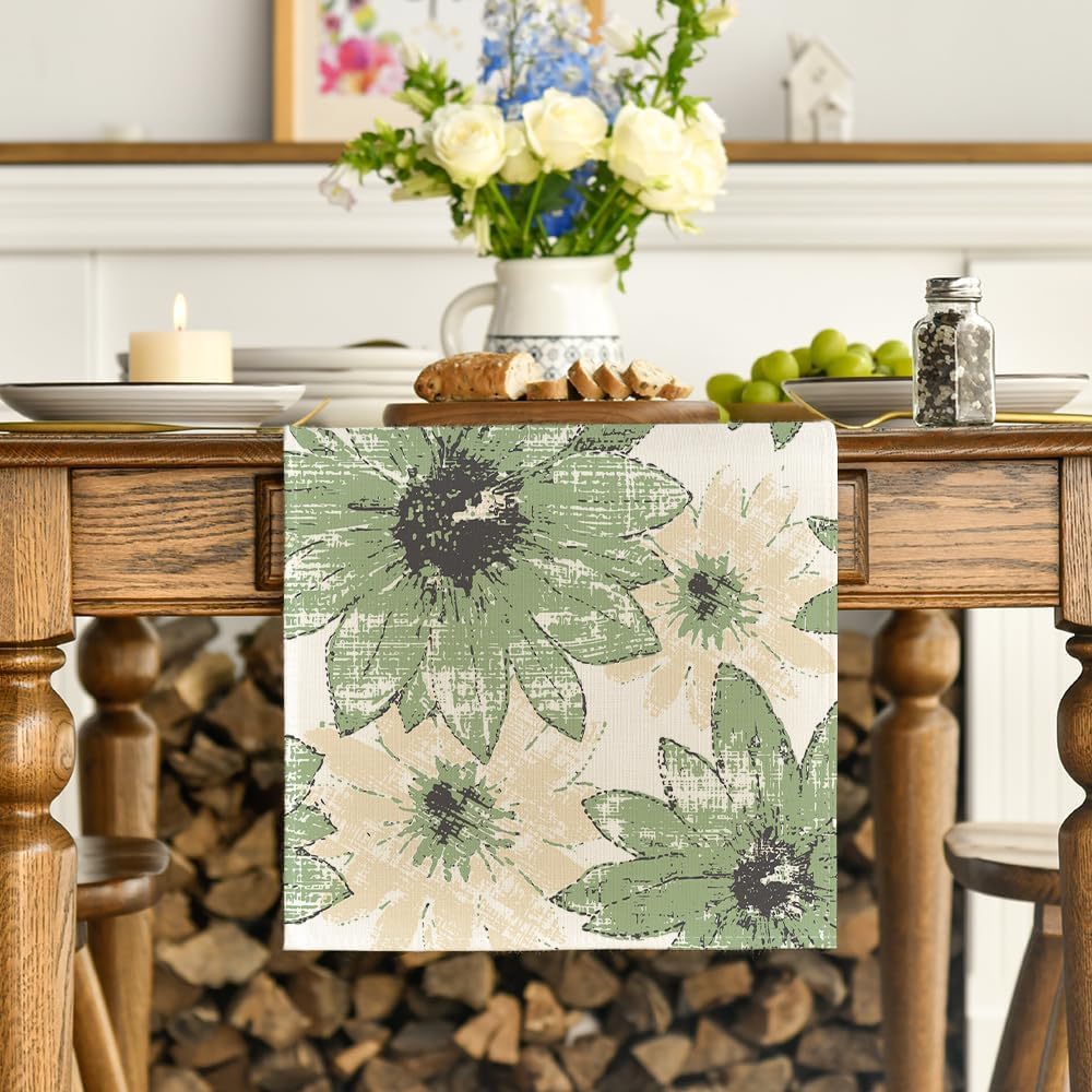 Green Retro Daisy Spring Table Runner