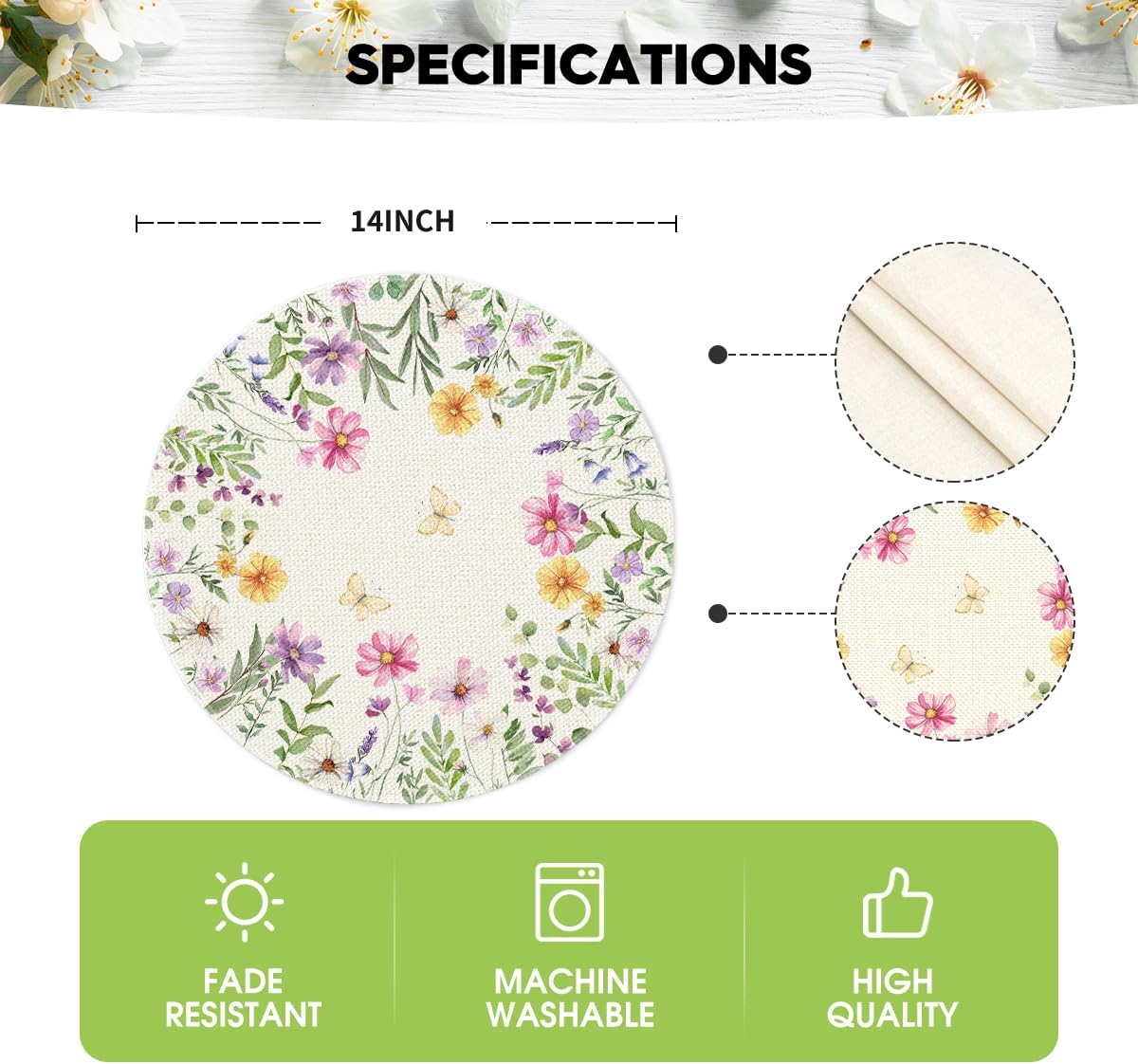 Floral Butterfly Summer Round Placemats Set of 4