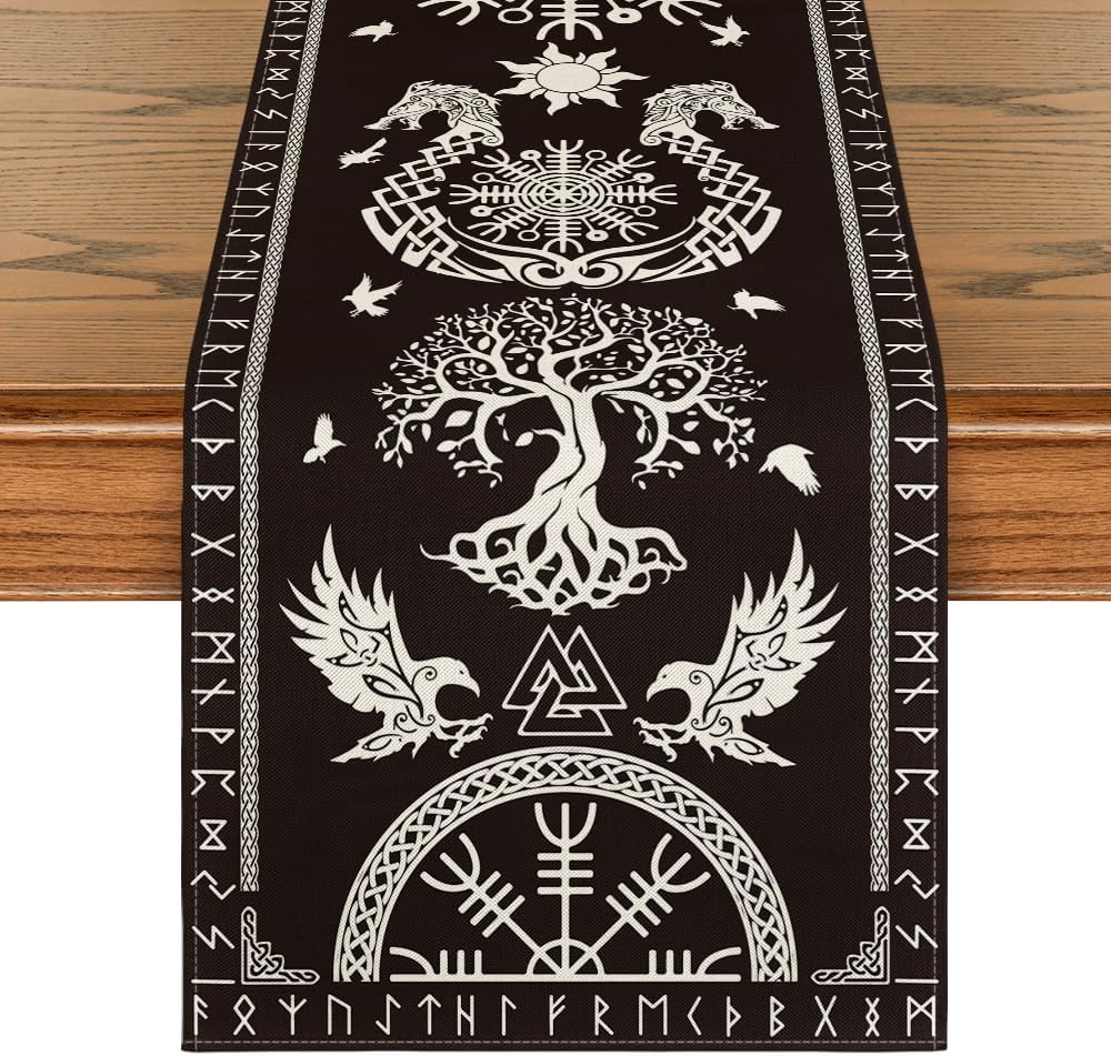 Black Viking Tree of Life Raven Helmet of Awe Table Runner, Seasonal Kitchen Dining Table Decoration for Home Party Decor 13x72 Inch