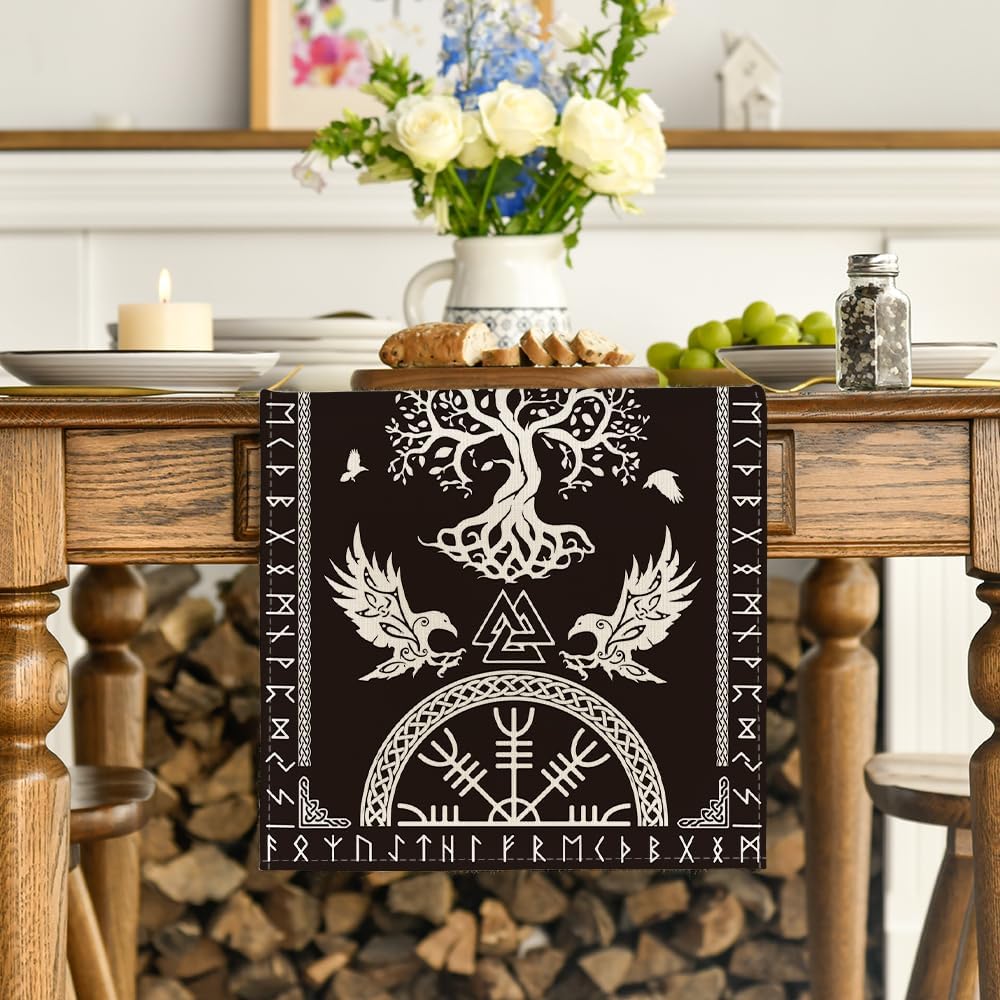 Black Viking Tree of Life Raven Helmet of Awe Table Runner