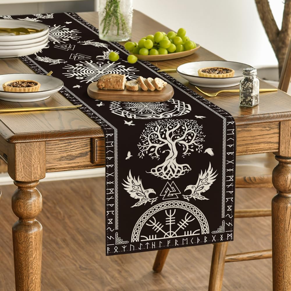 Black Viking Tree of Life Raven Helmet of Awe Table Runner