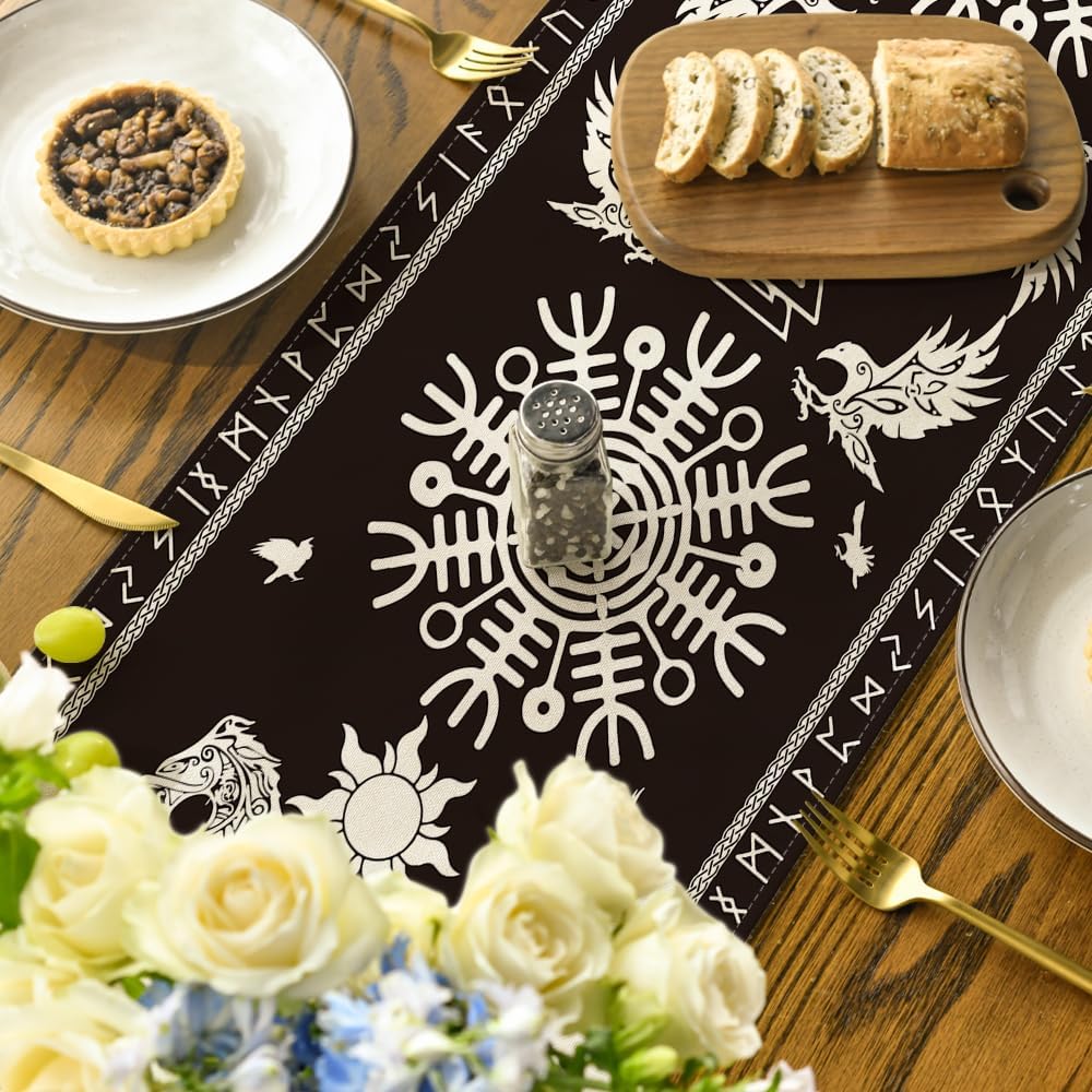 Black Viking Tree of Life Raven Helmet of Awe Table Runner