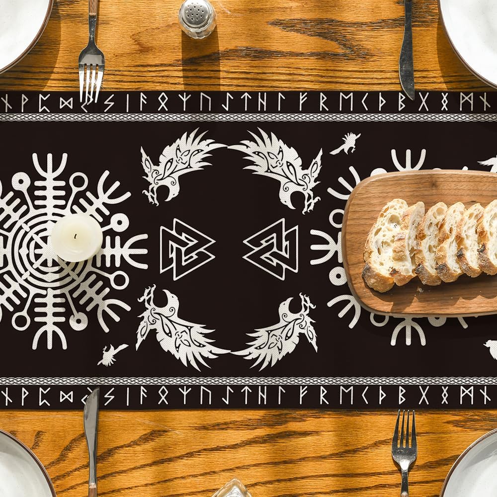 Black Viking Tree of Life Raven Helmet of Awe Table Runner